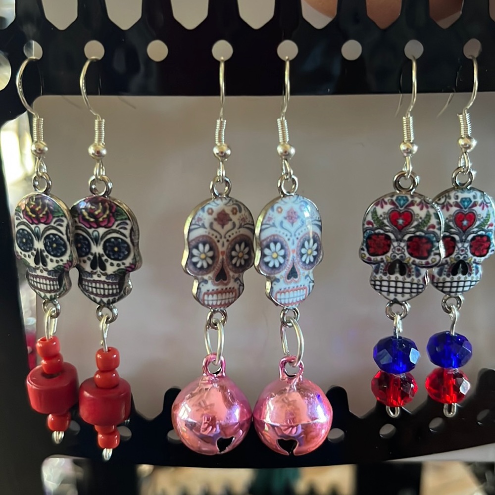 New Day of The Dead Skull Earrings. Lot of Three.